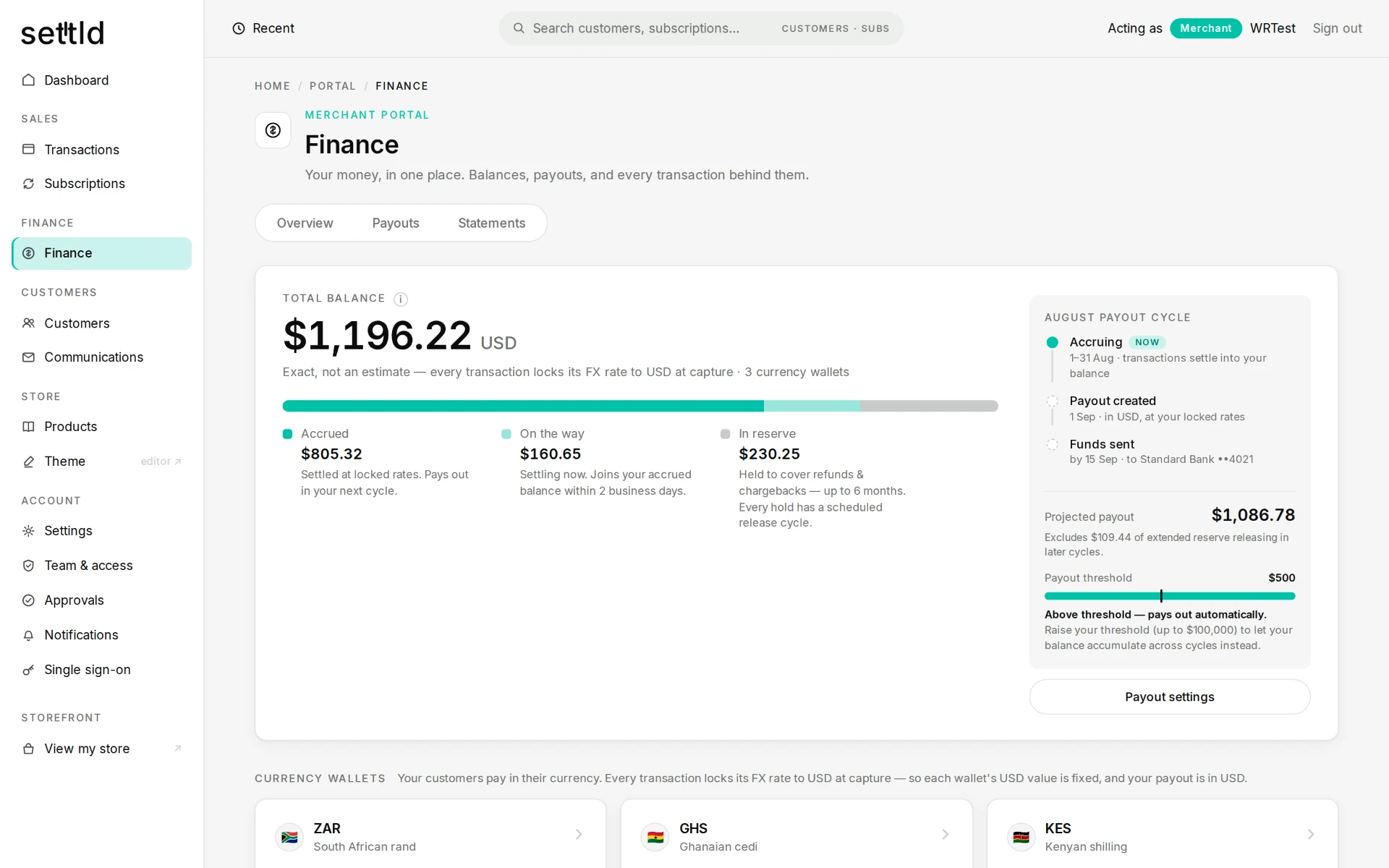 Settld merchant portal finance overview showing total balance split into accrued, on the way and reserve amounts, three currency wallets and the monthly payout cycle